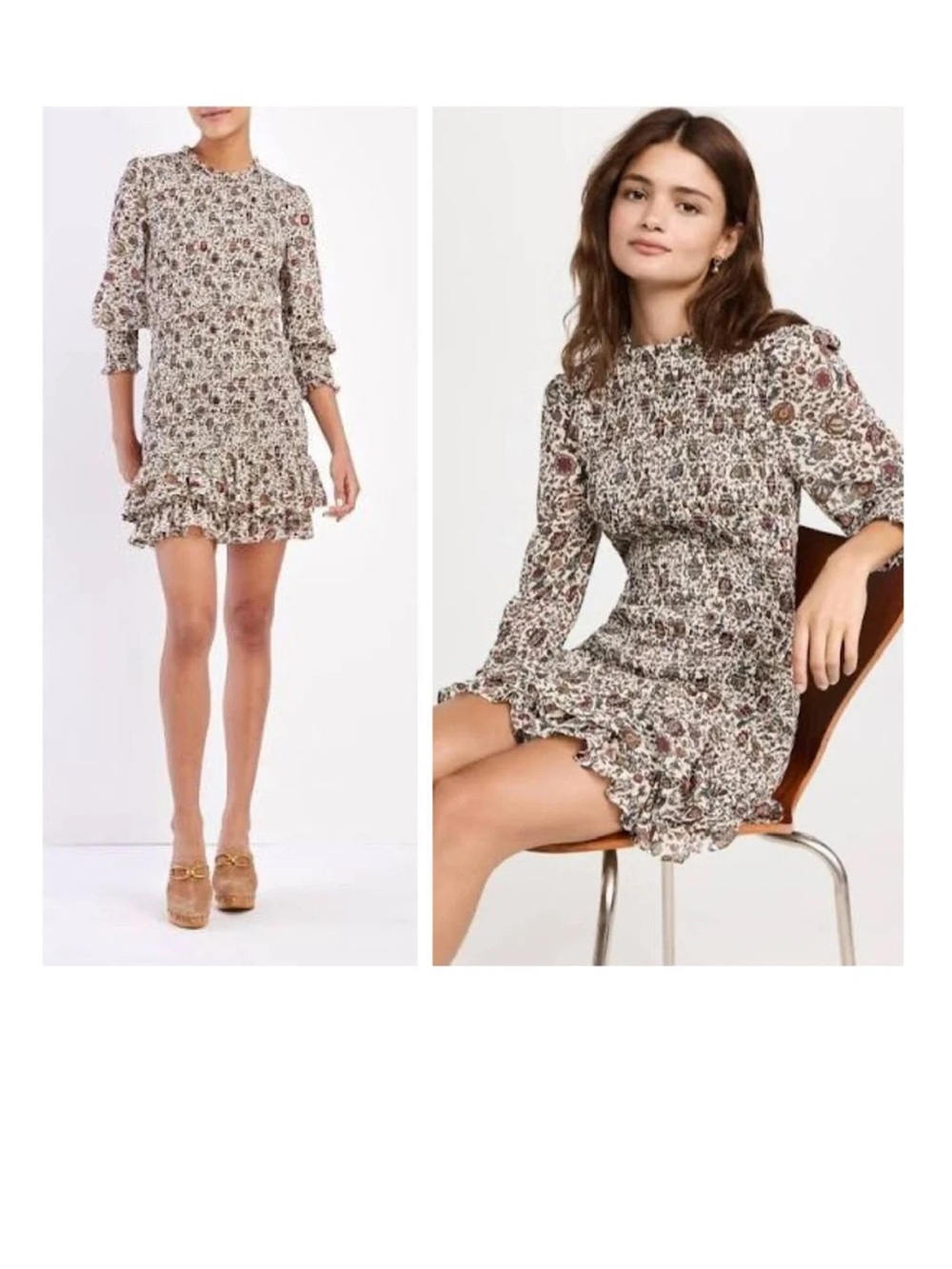 Veronica Beard Ivory Floral Ruffle-Hem Mini Dress